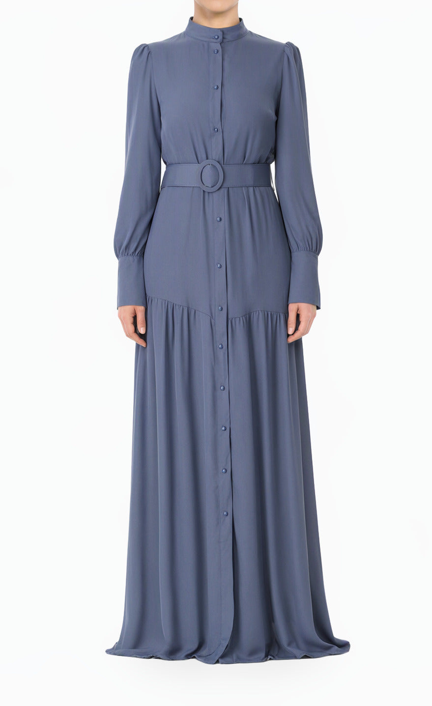 Dusty Blue Button Down Shirt Chiffon Modest Dress