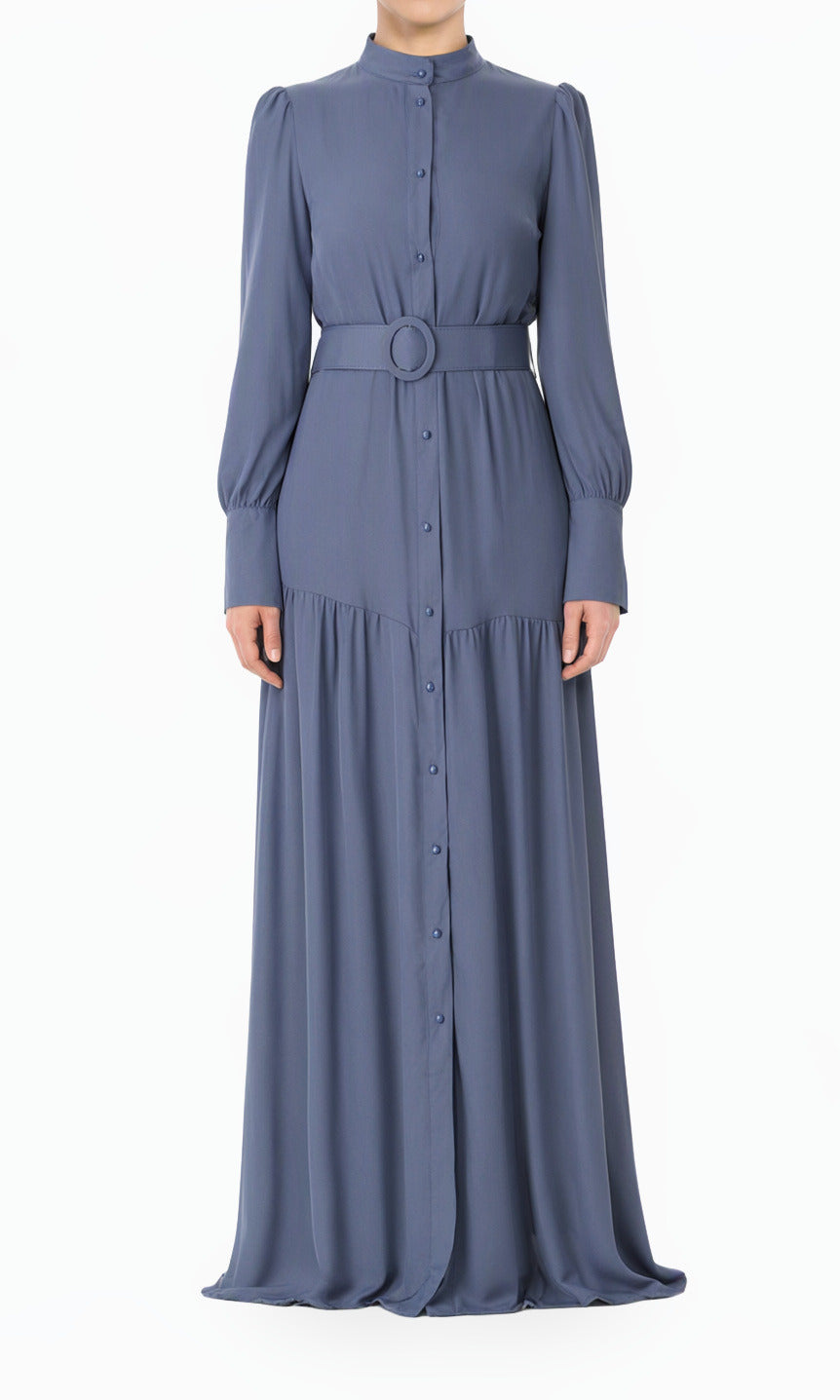 Dusty Blue Button Down Shirt Chiffon Modest Dress