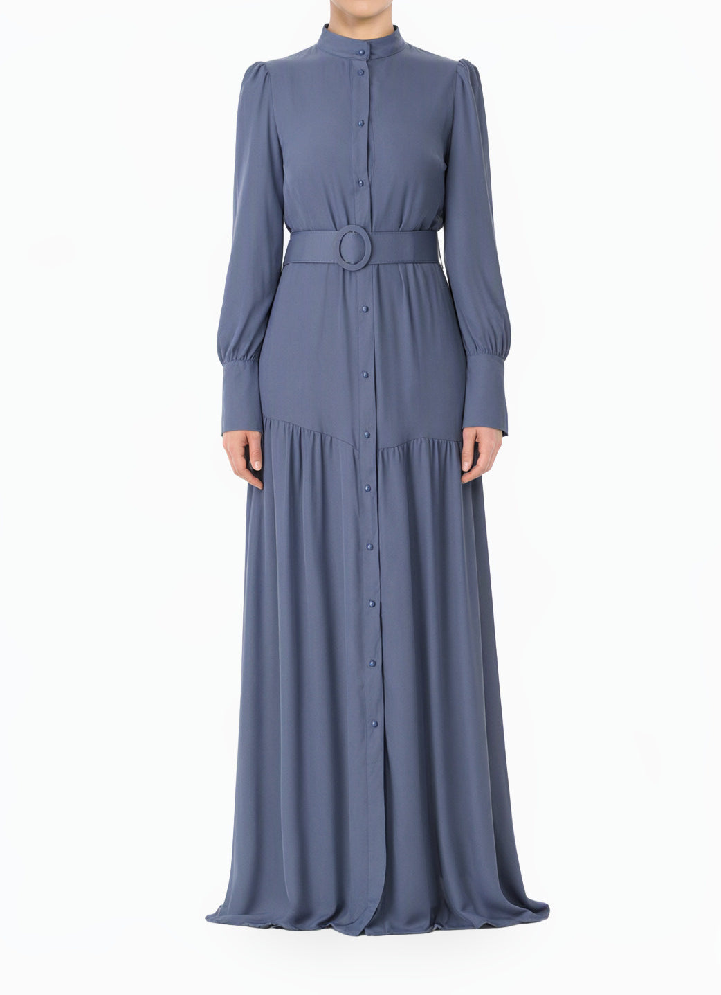 Dusty Blue Button Down Shirt Chiffon Modest Dress