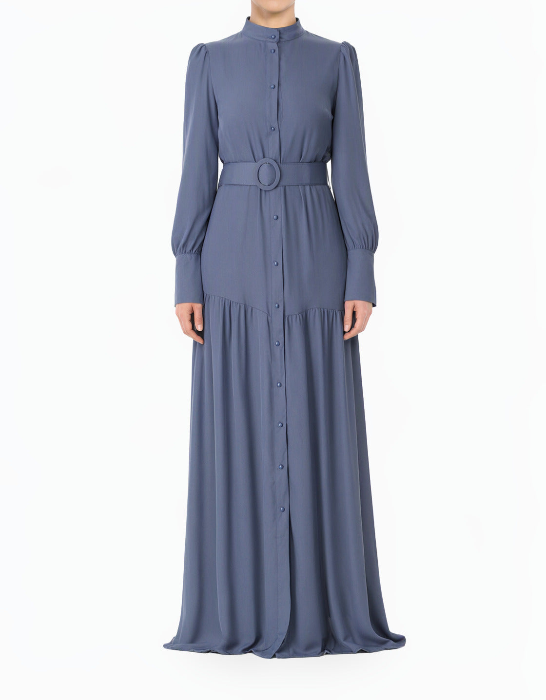 Dusty Blue Button Down Shirt Chiffon Modest Dress