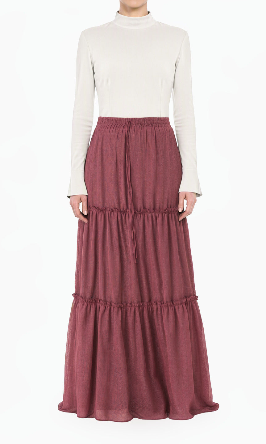 Dusty Rose Shimmer Chiffon Tiered Modest Maxi Skirt