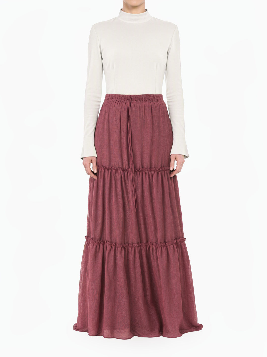 Dusty Rose Shimmer Chiffon Tiered Modest Maxi Skirt