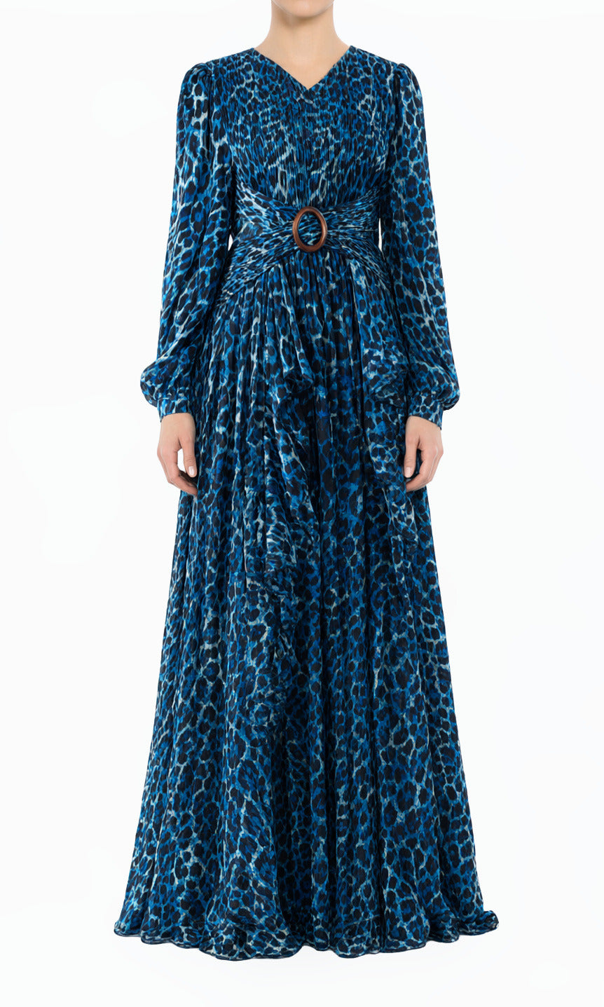 Electric Blue Cheetah Long Sleeve Modest Maxi Dress