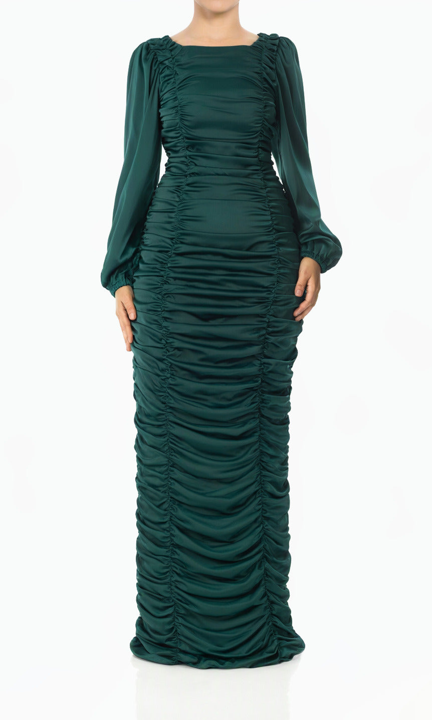 Emerald green Ruched Body-Con Satin Modest Maxi Dress