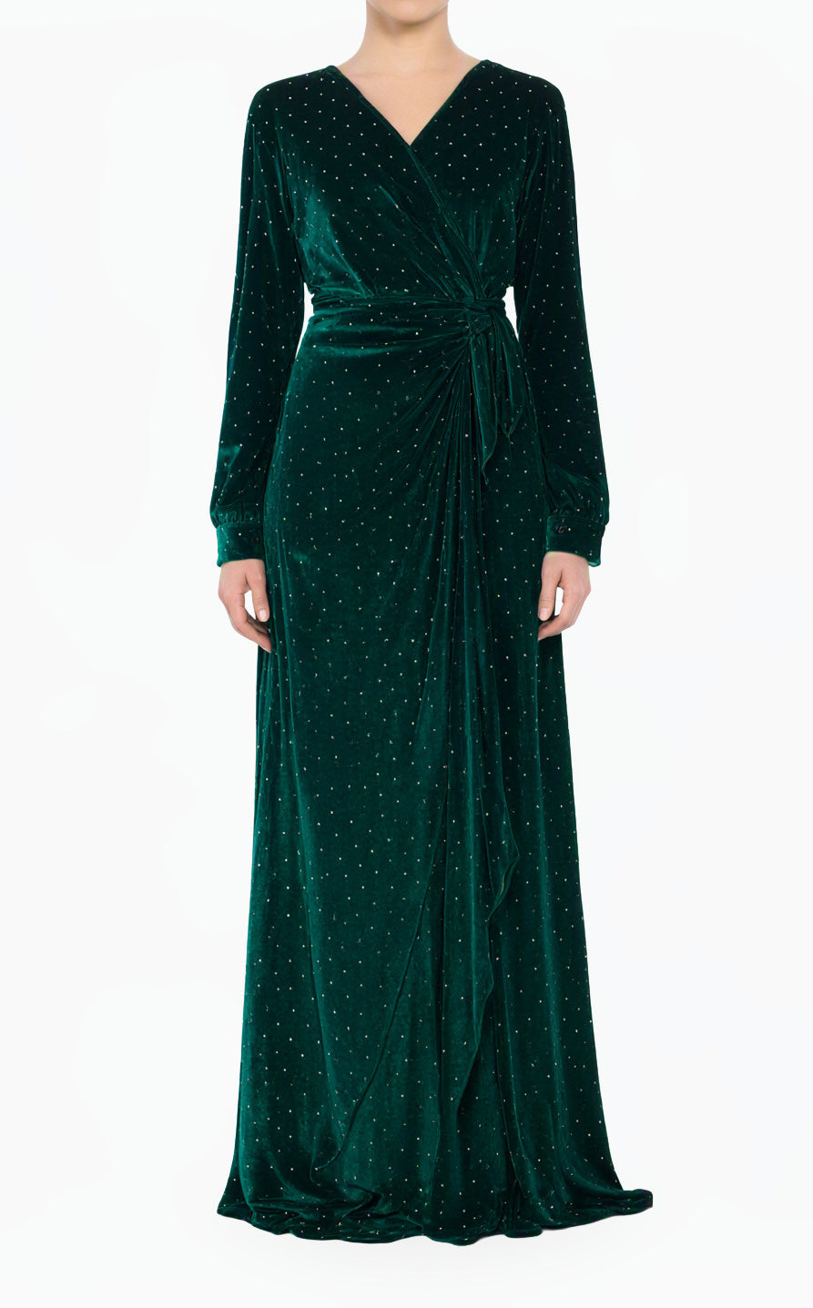 Emerald wrapped velvet long sleeve modest maxi dress