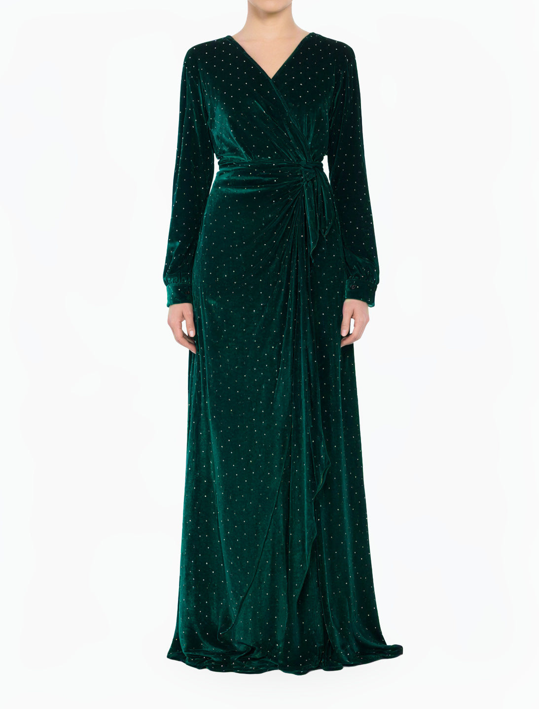 Emerald wrapped velvet long sleeve modest maxi dress