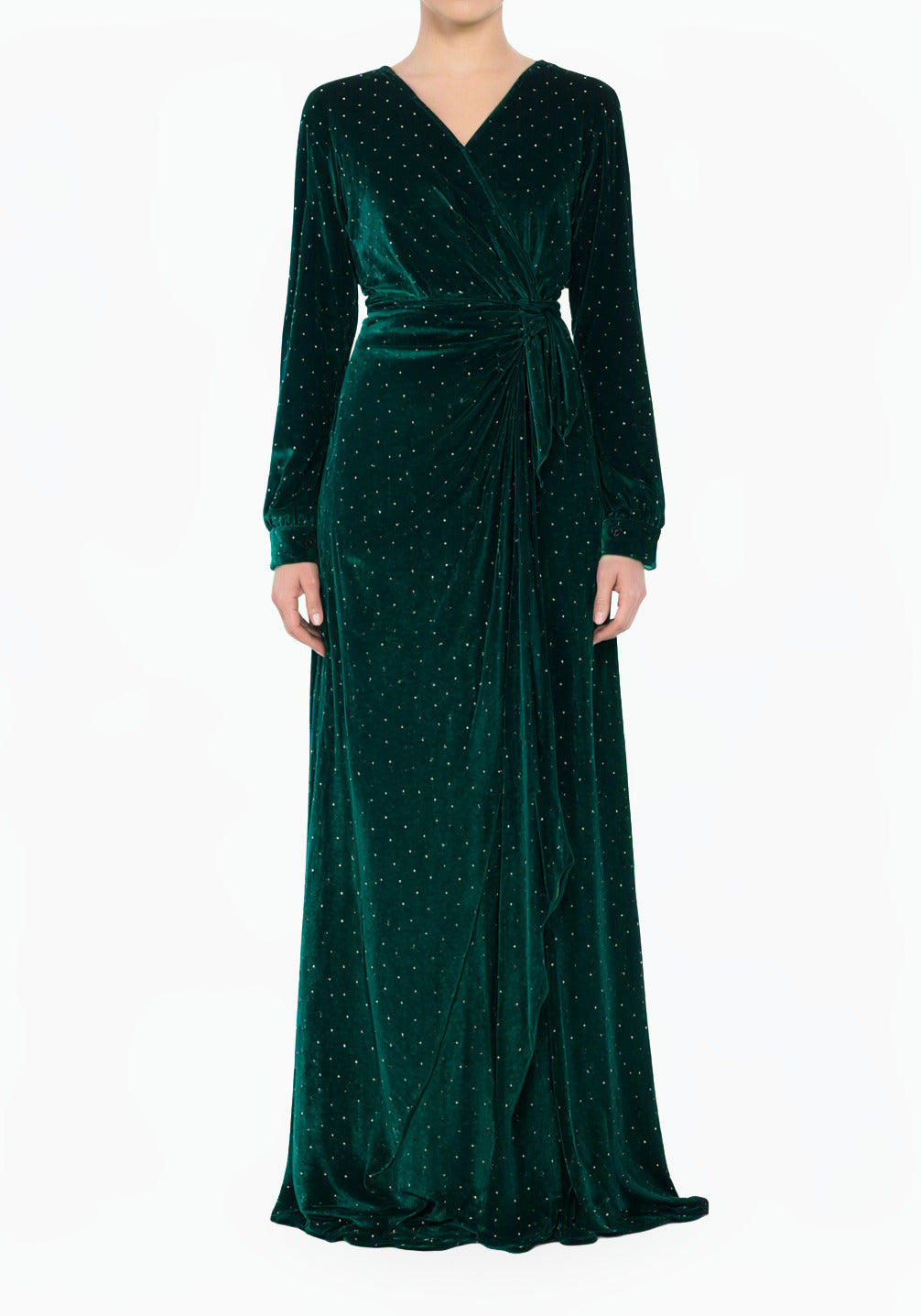 Emerald wrapped velvet long sleeve modest maxi dress
