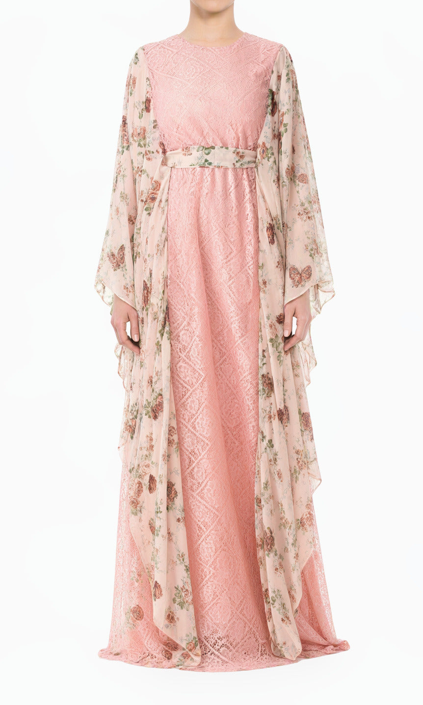 Pastel Pink floral butterfly Chiffon Kaftan abaya