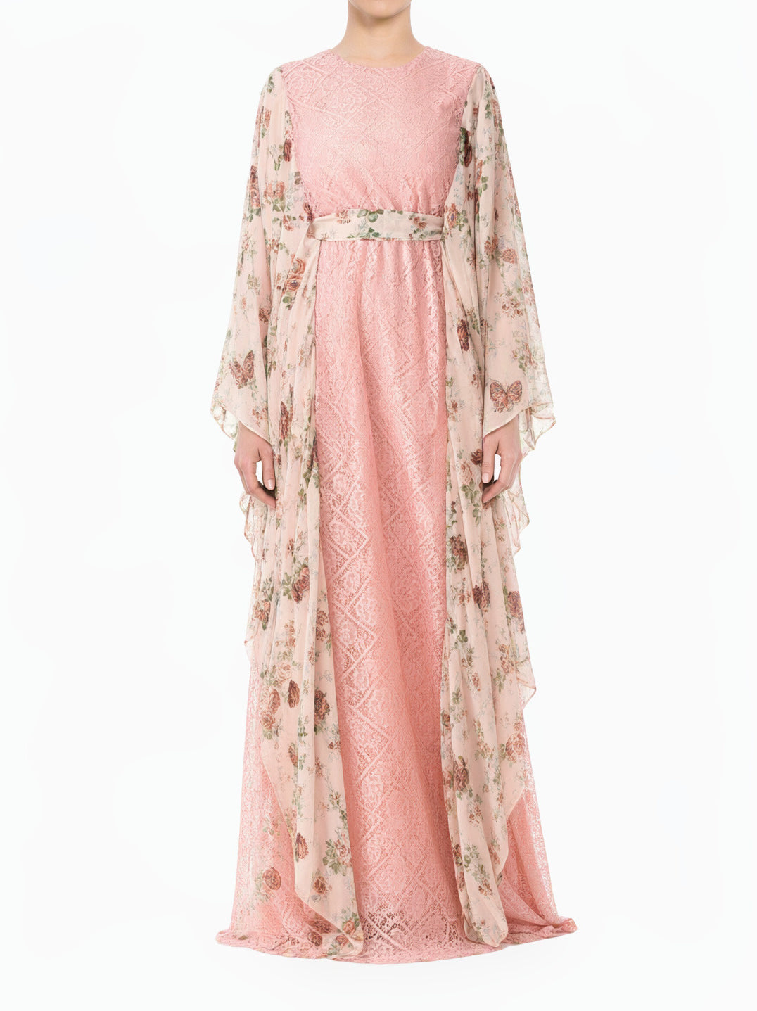 Pastel Pink floral butterfly Chiffon Kaftan abaya