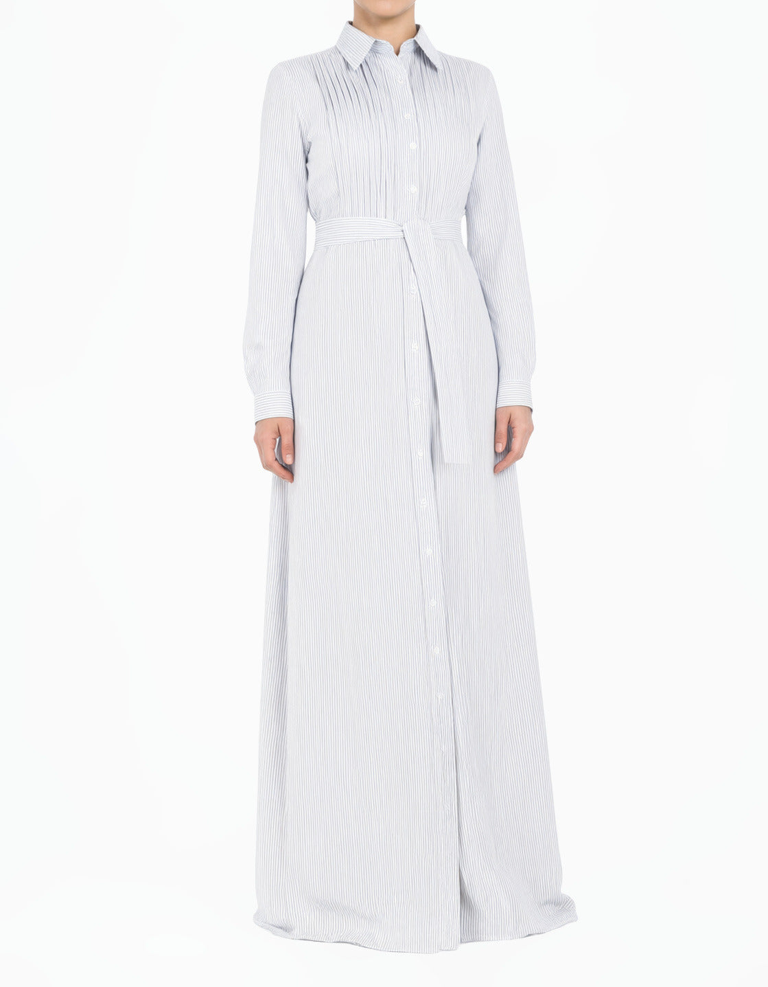 Gray Striped Button Down Modest Maxi Dress