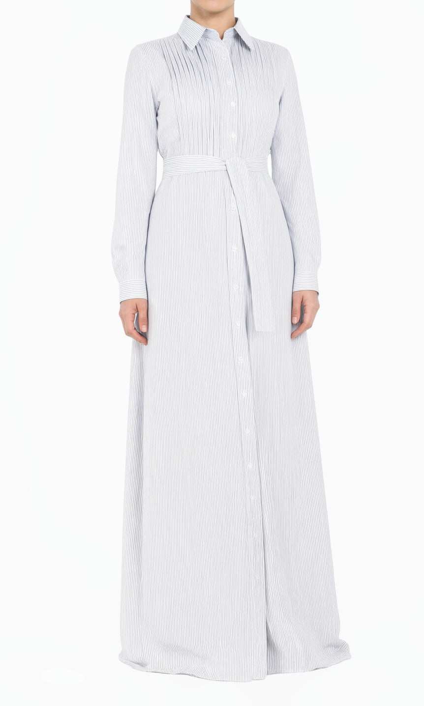 Gray Striped Button Down Modest Maxi Dress