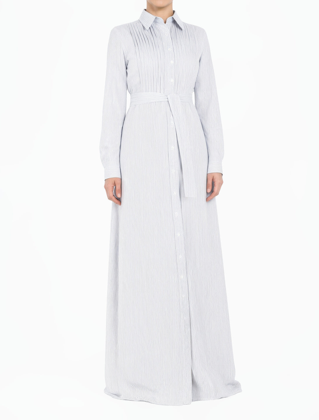 Gray Striped Button Down Modest Maxi Dress