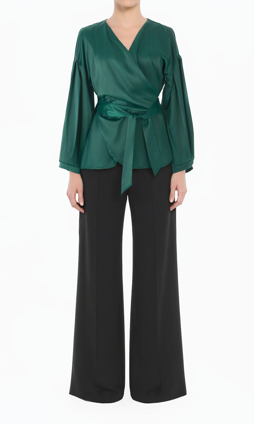 green Modest Long Sleeve Satin Wrap Top