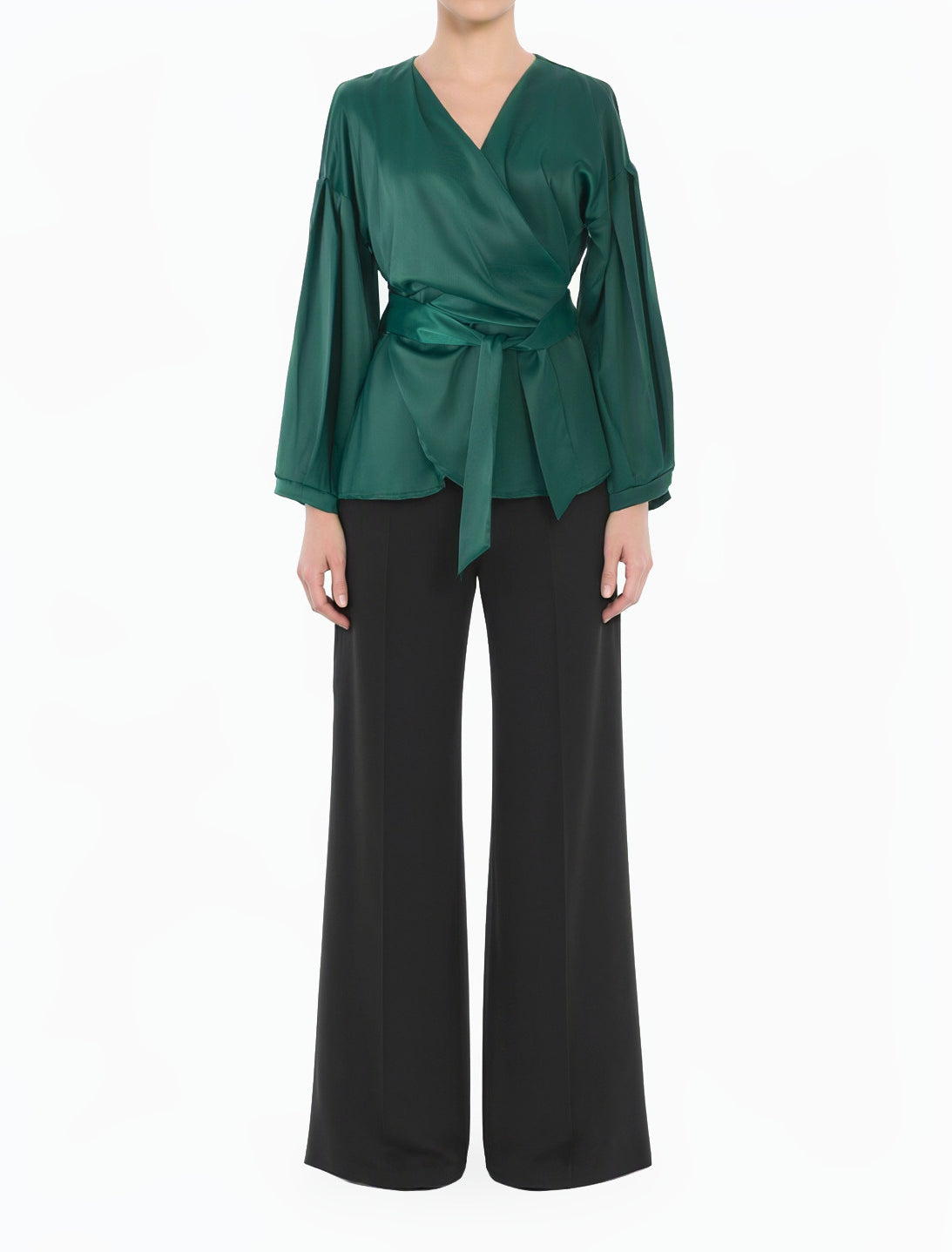 green Modest Long Sleeve Satin Wrap Top