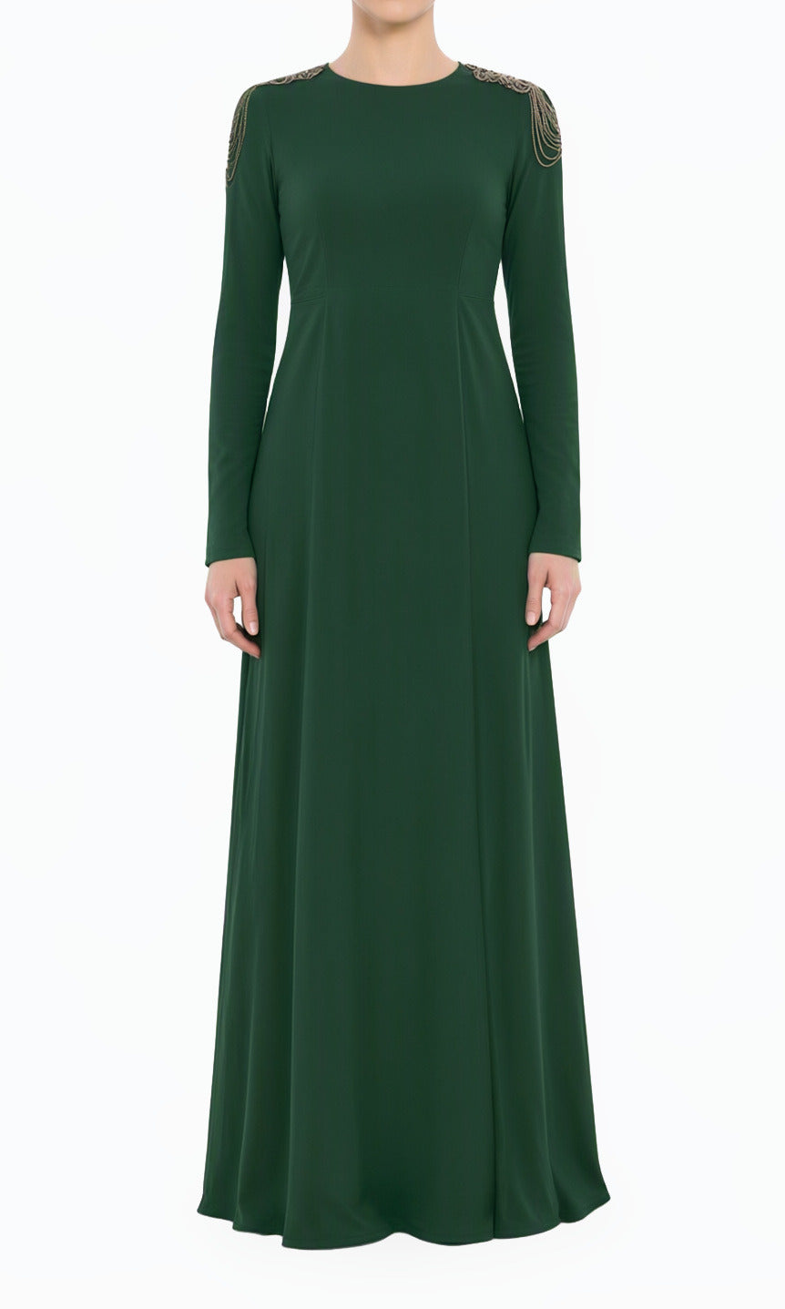 Green Shoulder Chains Modest Dress