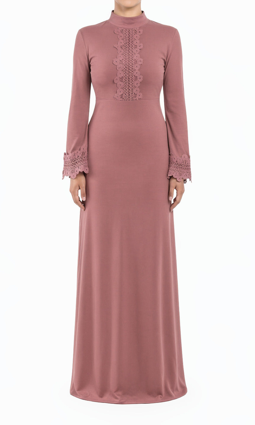 Dusty rose Lace Floral Bell Sleeve Modest Dress