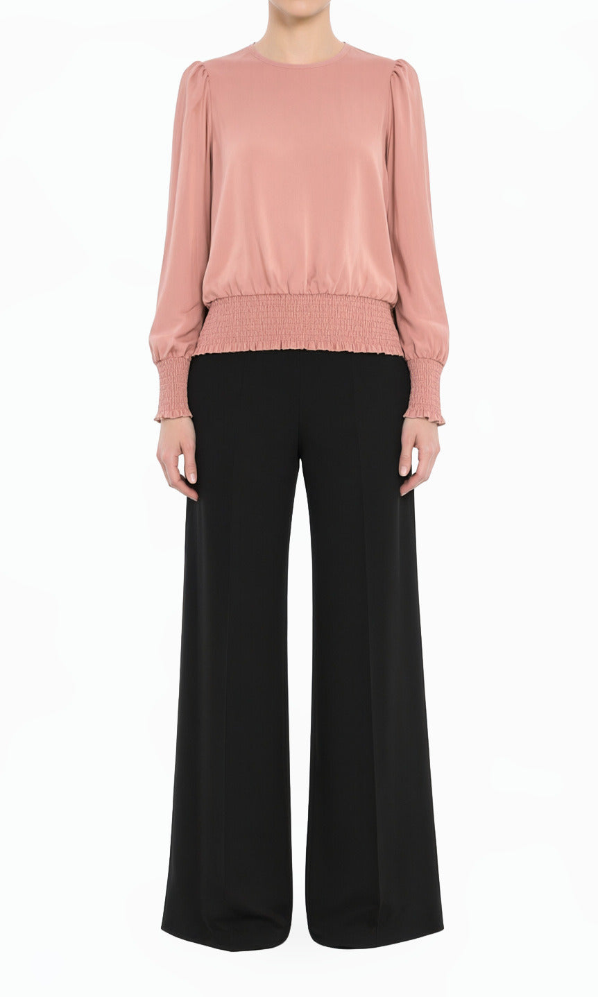 pink Modest Long Sleeve Satin Scrunch Blouse