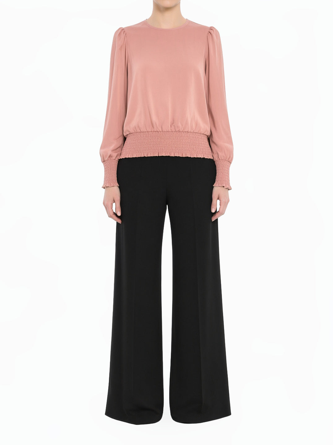 pink Modest Long Sleeve Satin Scrunch Blouse