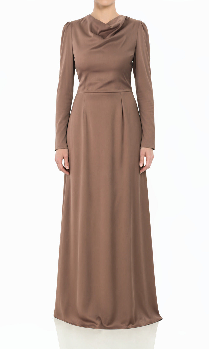Mocha Majestic Modern Elegance Satin Modest Maxi Dress