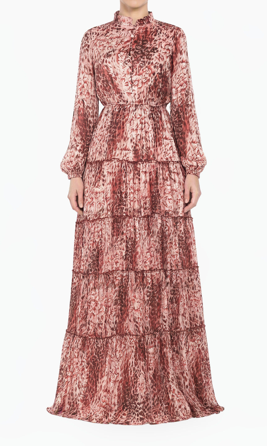 Maroon Cheetah Floral Anitta Tiered Chiffon Modest Maxi Dress