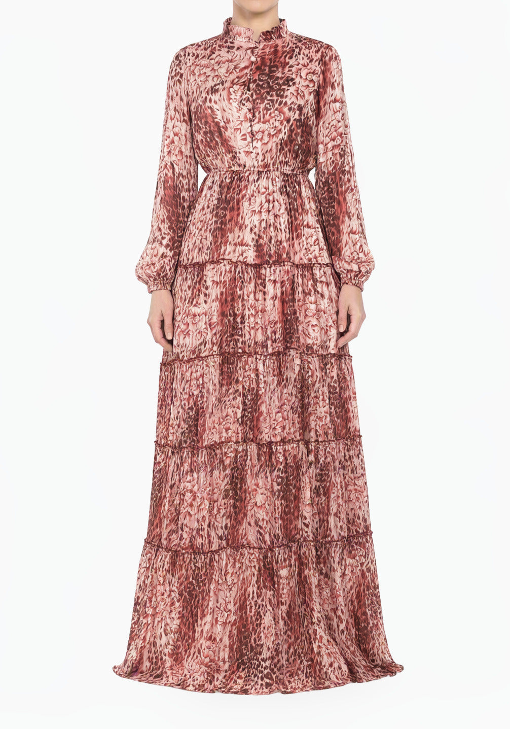 Maroon Cheetah Floral Anitta Tiered Chiffon Modest Maxi Dress