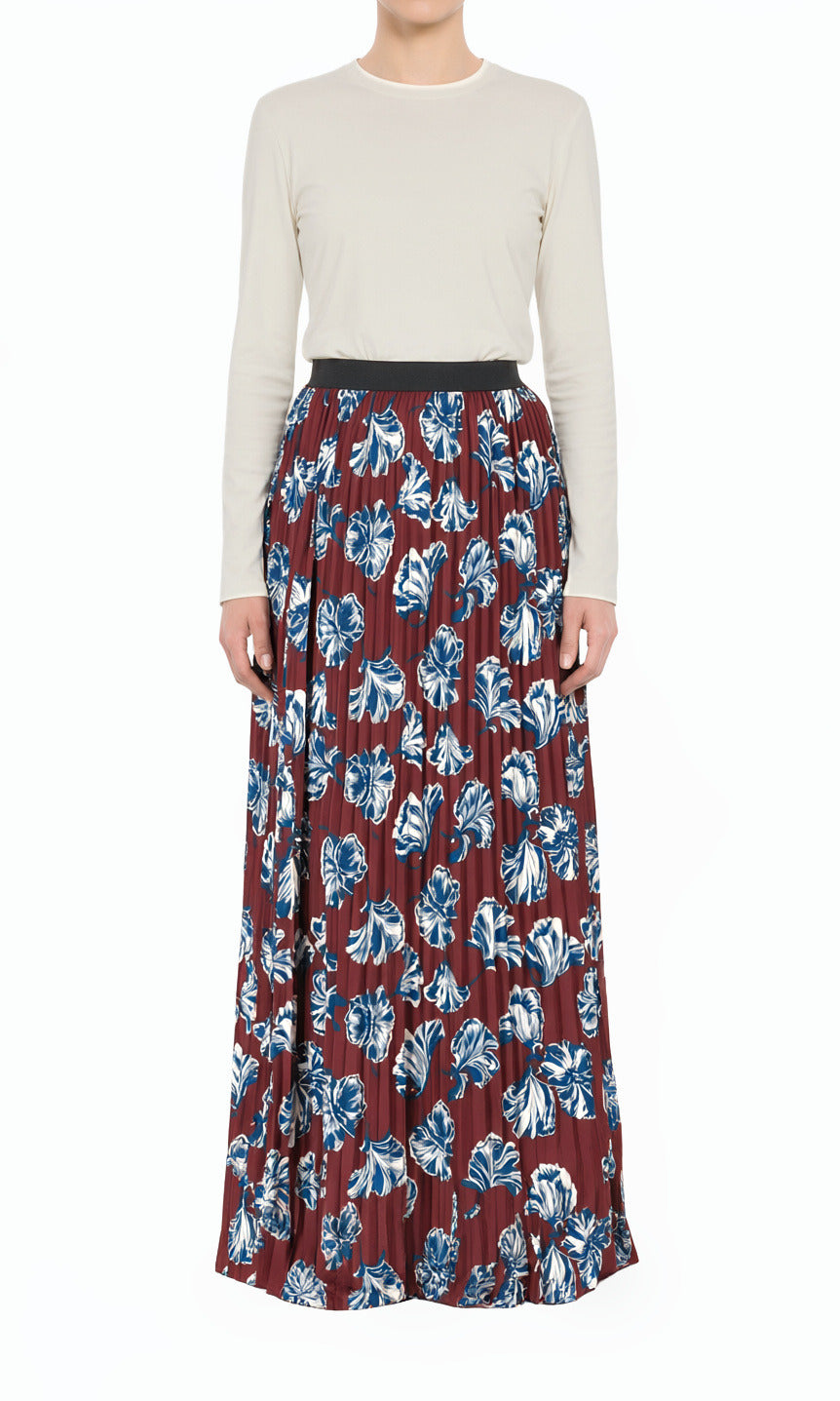 Maroon Floral Pleated Modest Maxi Skirt
