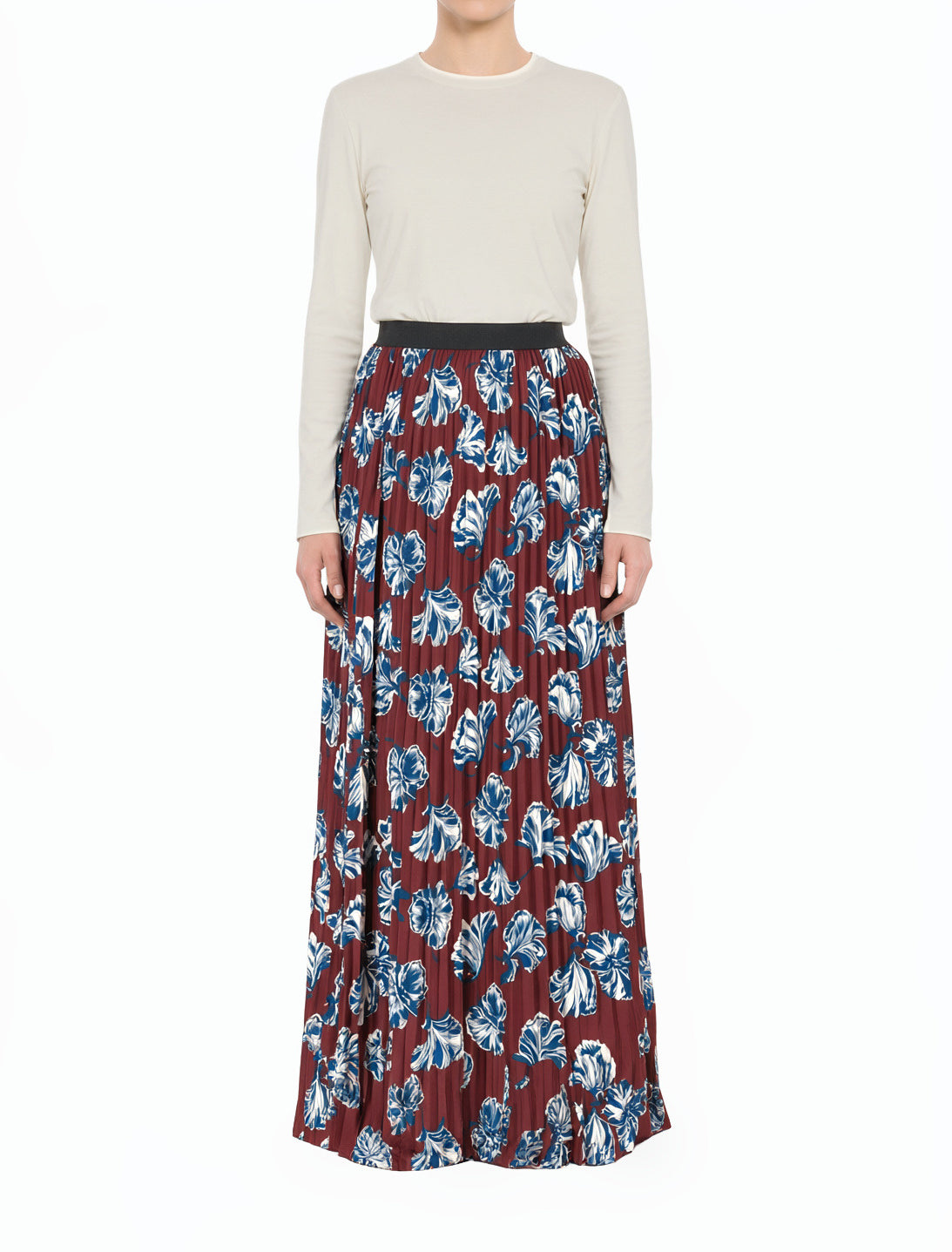 Maroon Floral Pleated Modest Maxi Skirt