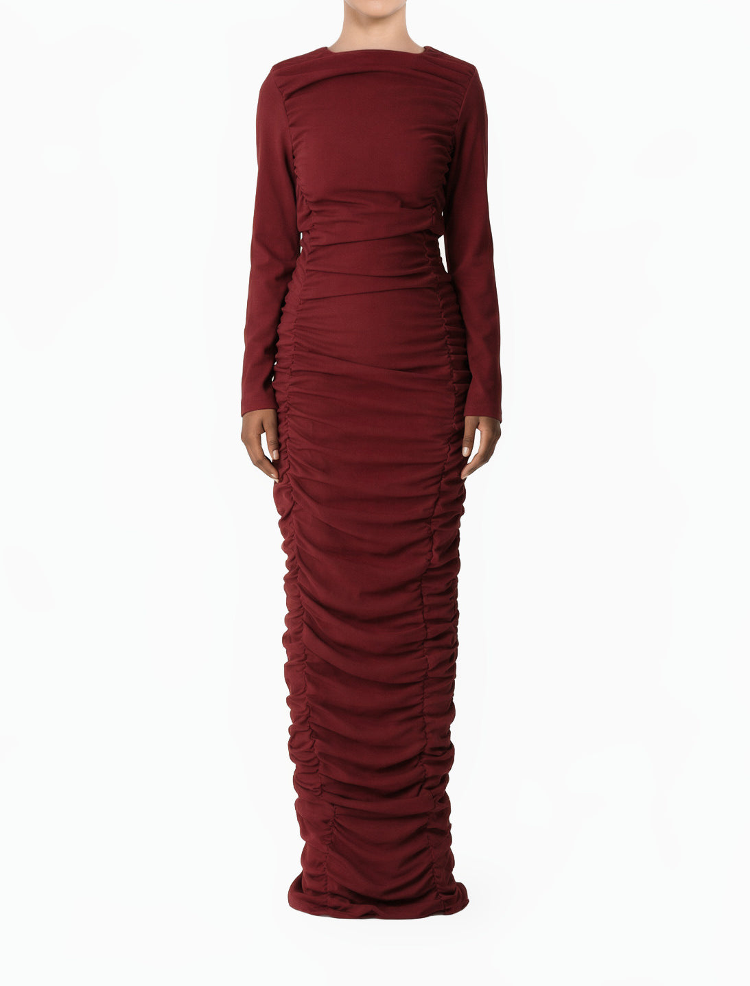 Maroon Ponti Di Roma Ruched Modest Maxi Dress