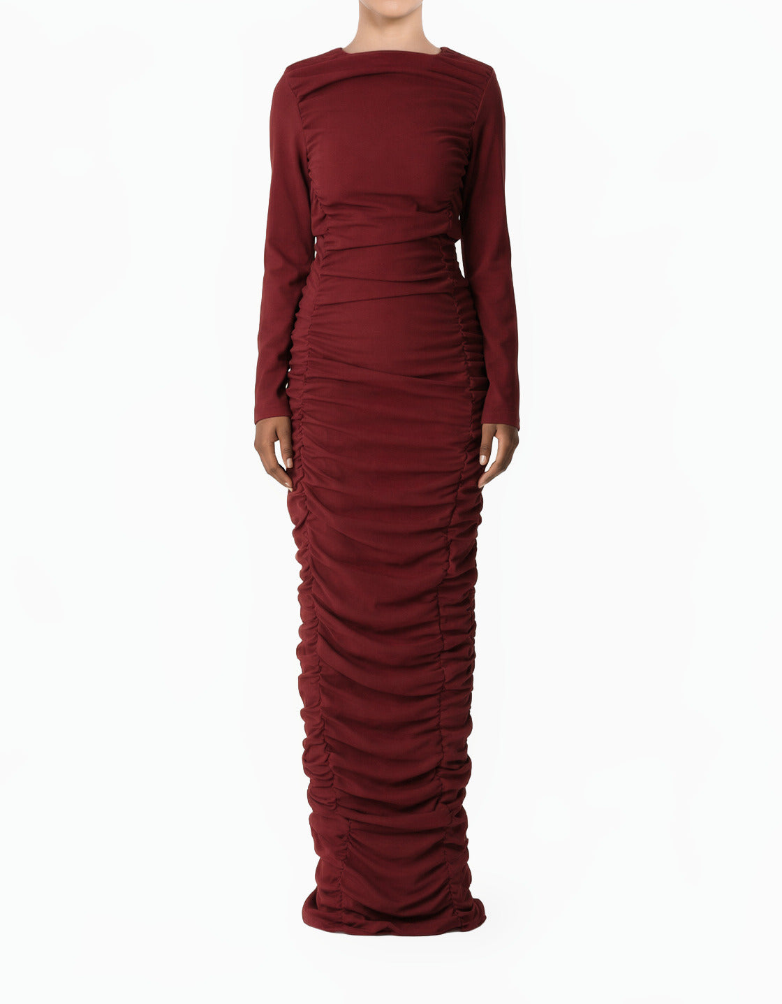 Maroon Ponti Di Roma Ruched Modest Maxi Dress