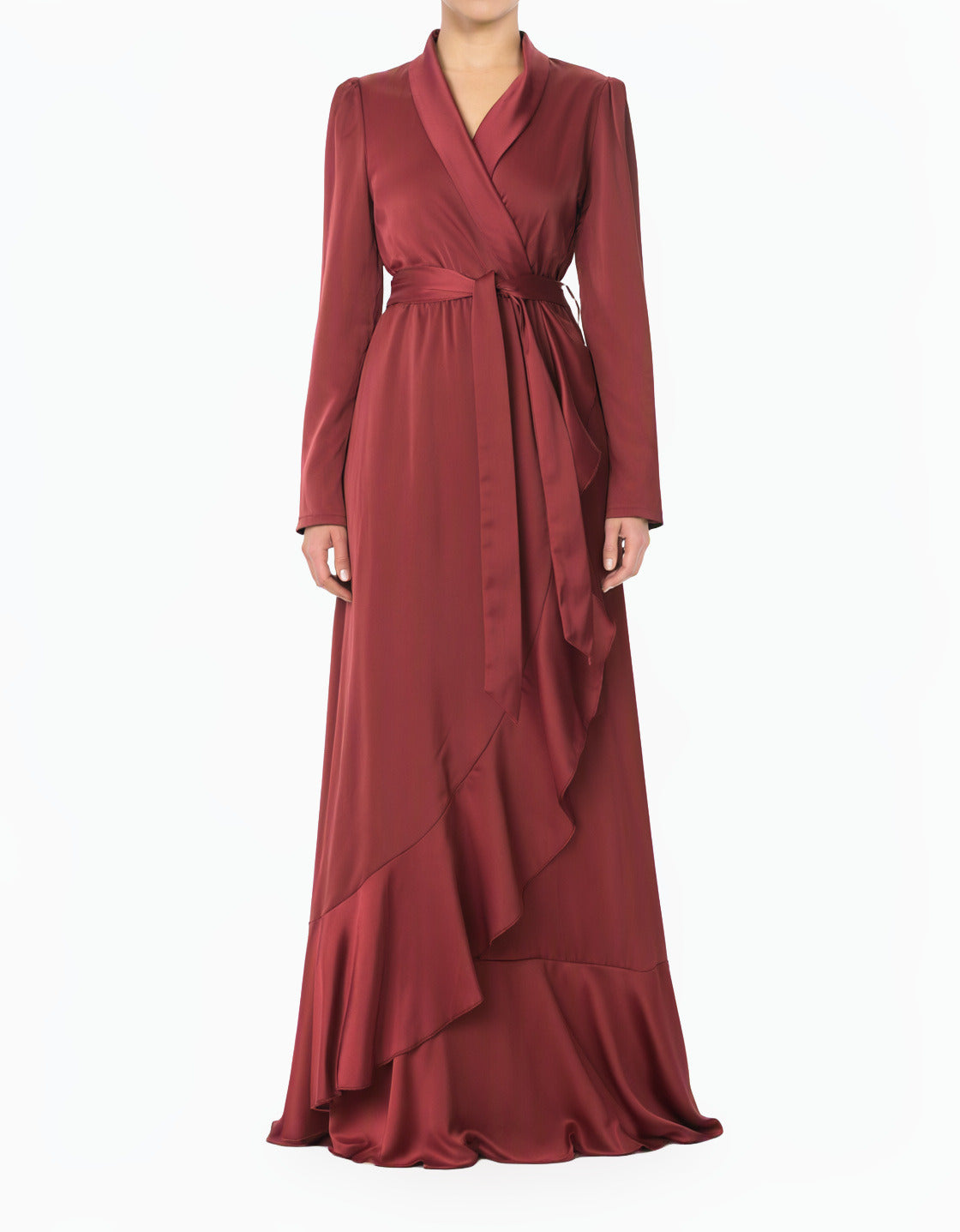 Maroon So Classy Elegance Wrapped Satin Modest Maxi Dress