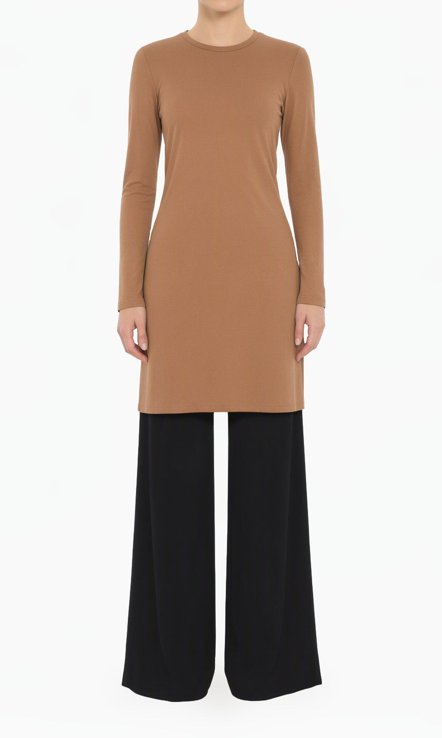 Mocha Basic Modest Long Sleeve Cotton Midi Top