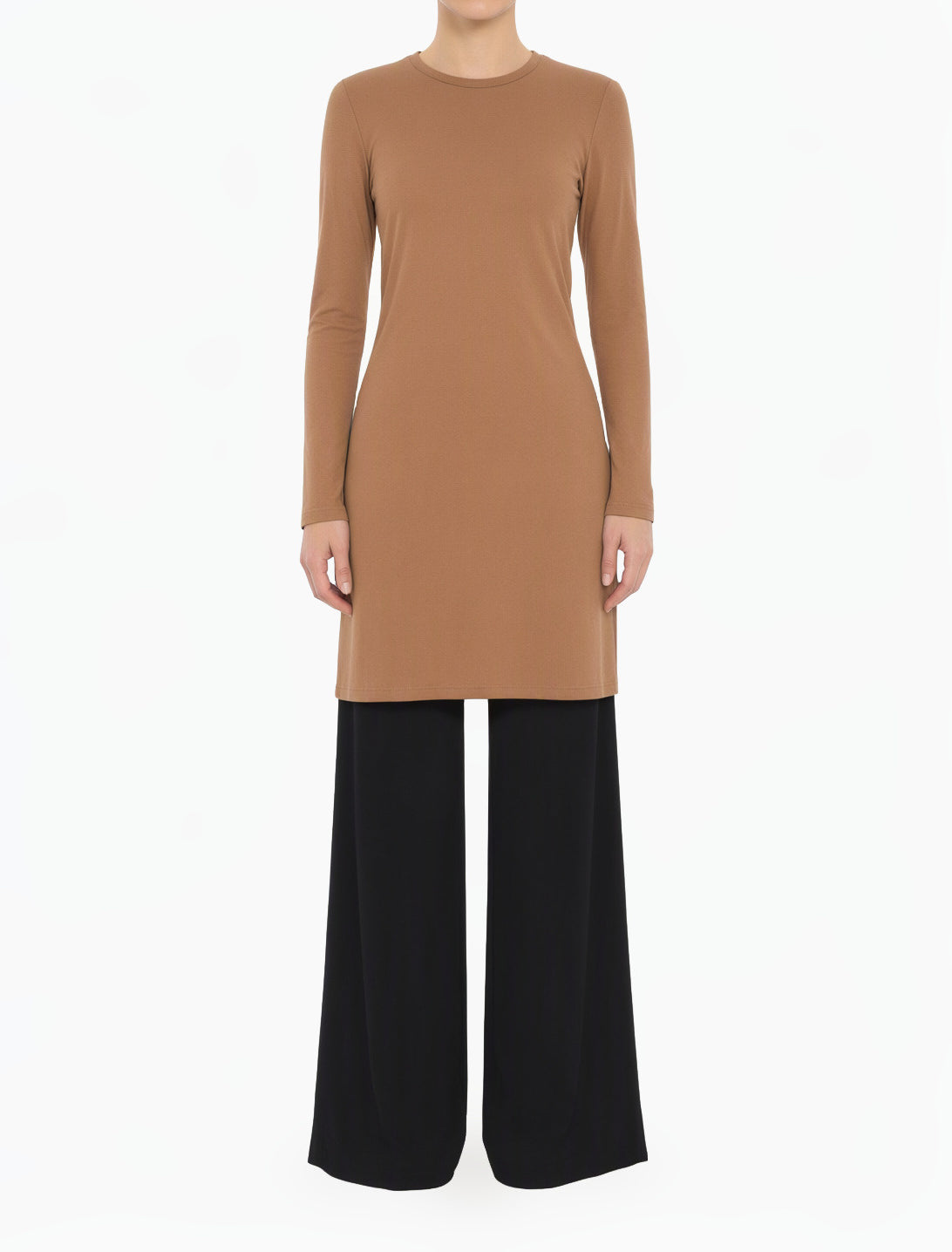 Mocha Basic Modest Long Sleeve Cotton Midi Top