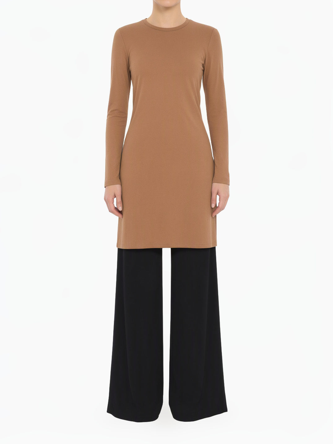 Mocha Basic Modest Long Sleeve Cotton Midi Top