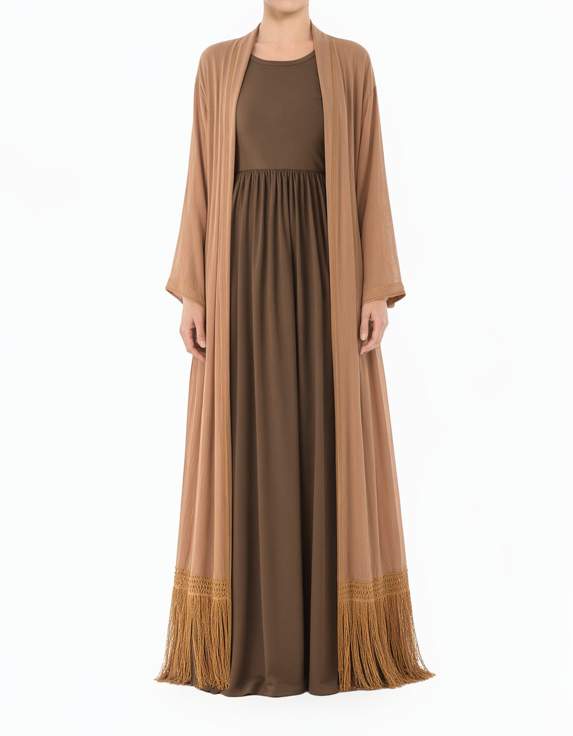 Mocha Maxi cardigan abaya Effortlessly chic fringe