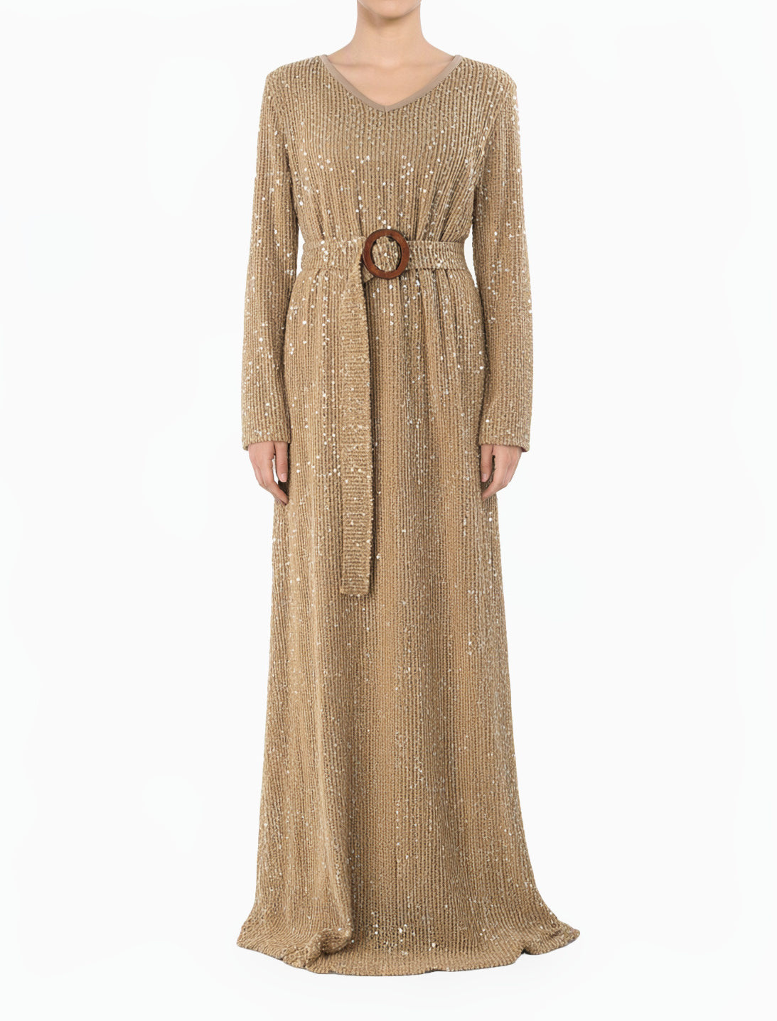 Mocha Sequin knit long sleeve modest maxi dress