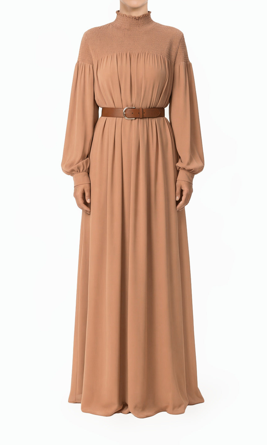 Mocha Umbrella Chiffon Modest Maxi Dress