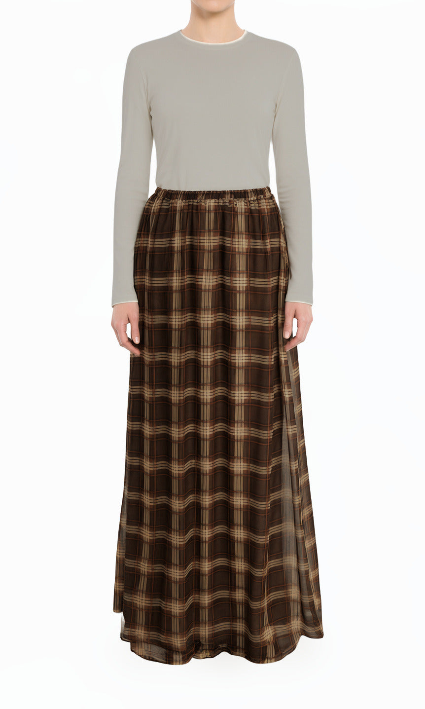 Mocha Waffle Plaid Chiffon Modest Maxi Skirt