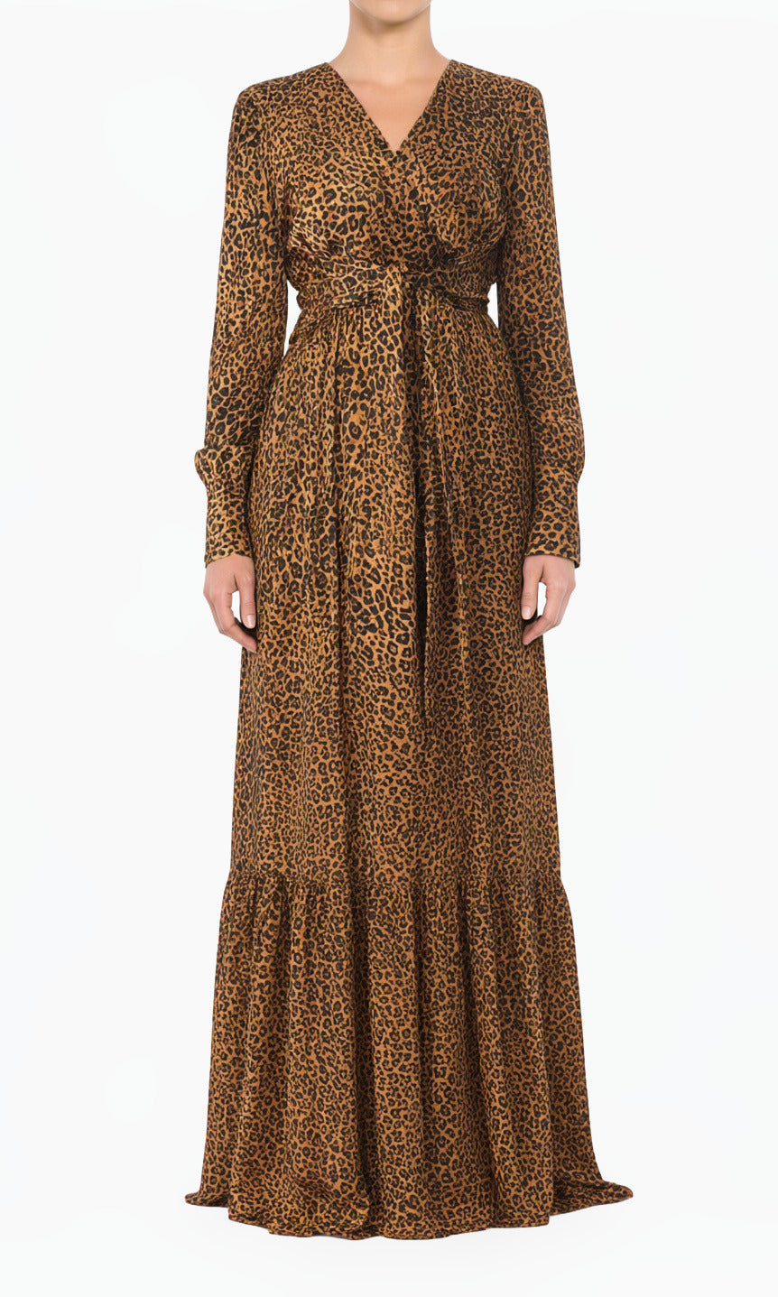 Modest Maxi Dress Brown Cheetah Satin