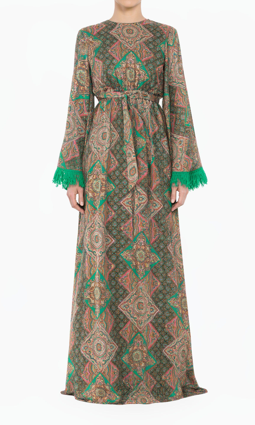 Moroccan print captivated in tassel modest maxi dress