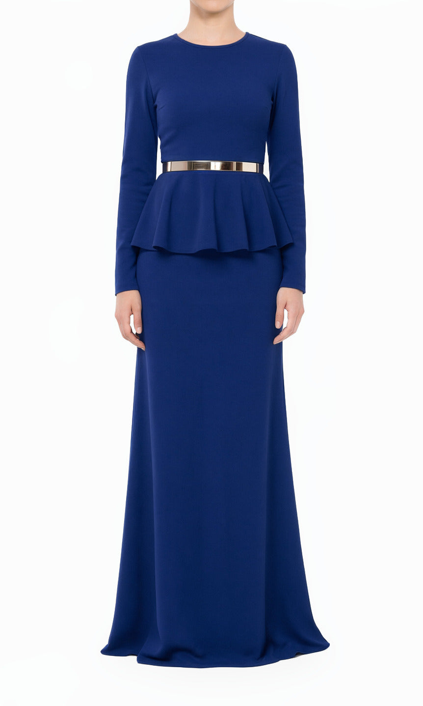 Navy Blue Classic Long Sleeve Peplum Modest Maxi Dress
