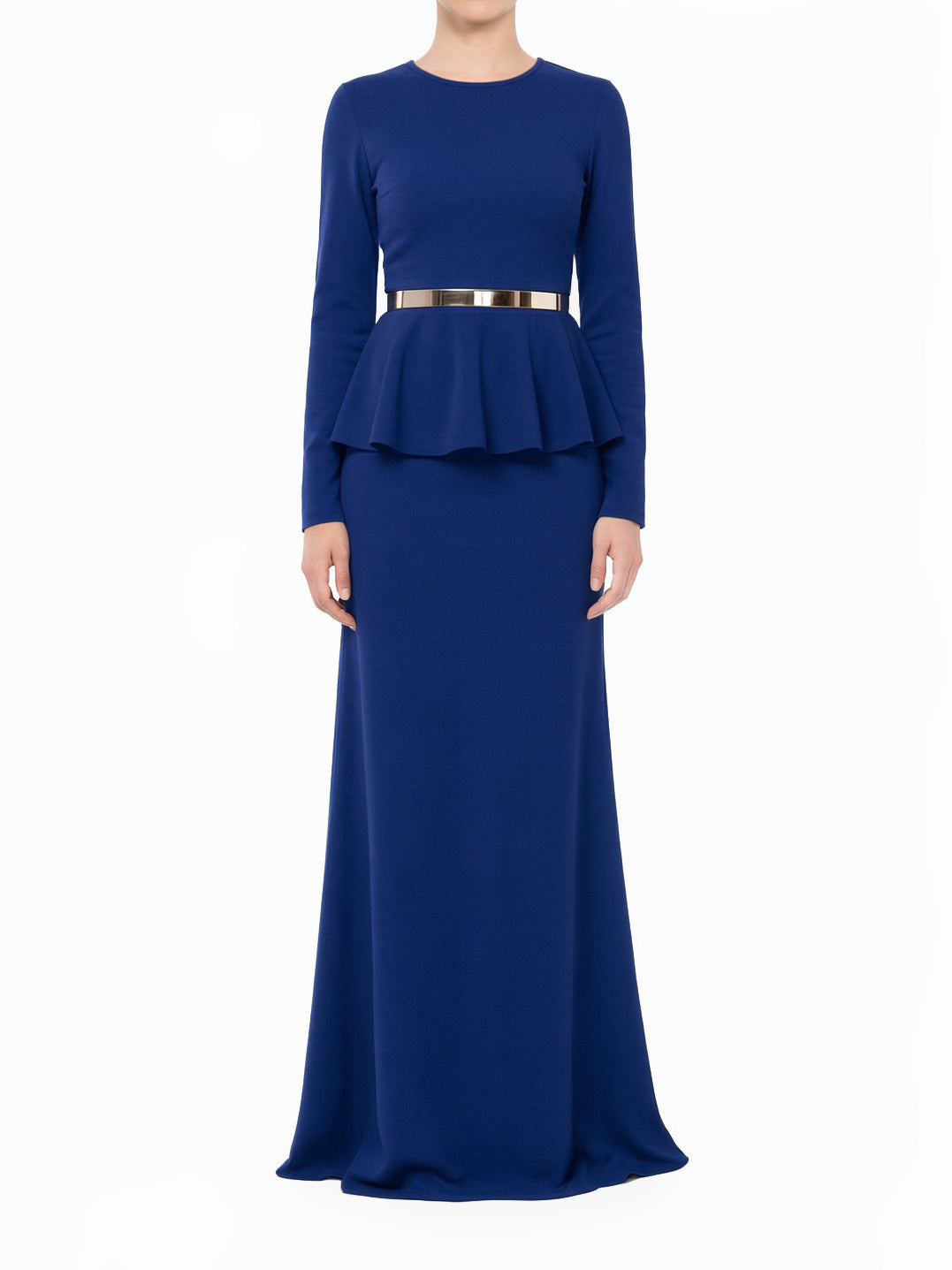 Navy Blue Classic Long Sleeve Peplum Modest Maxi Dress