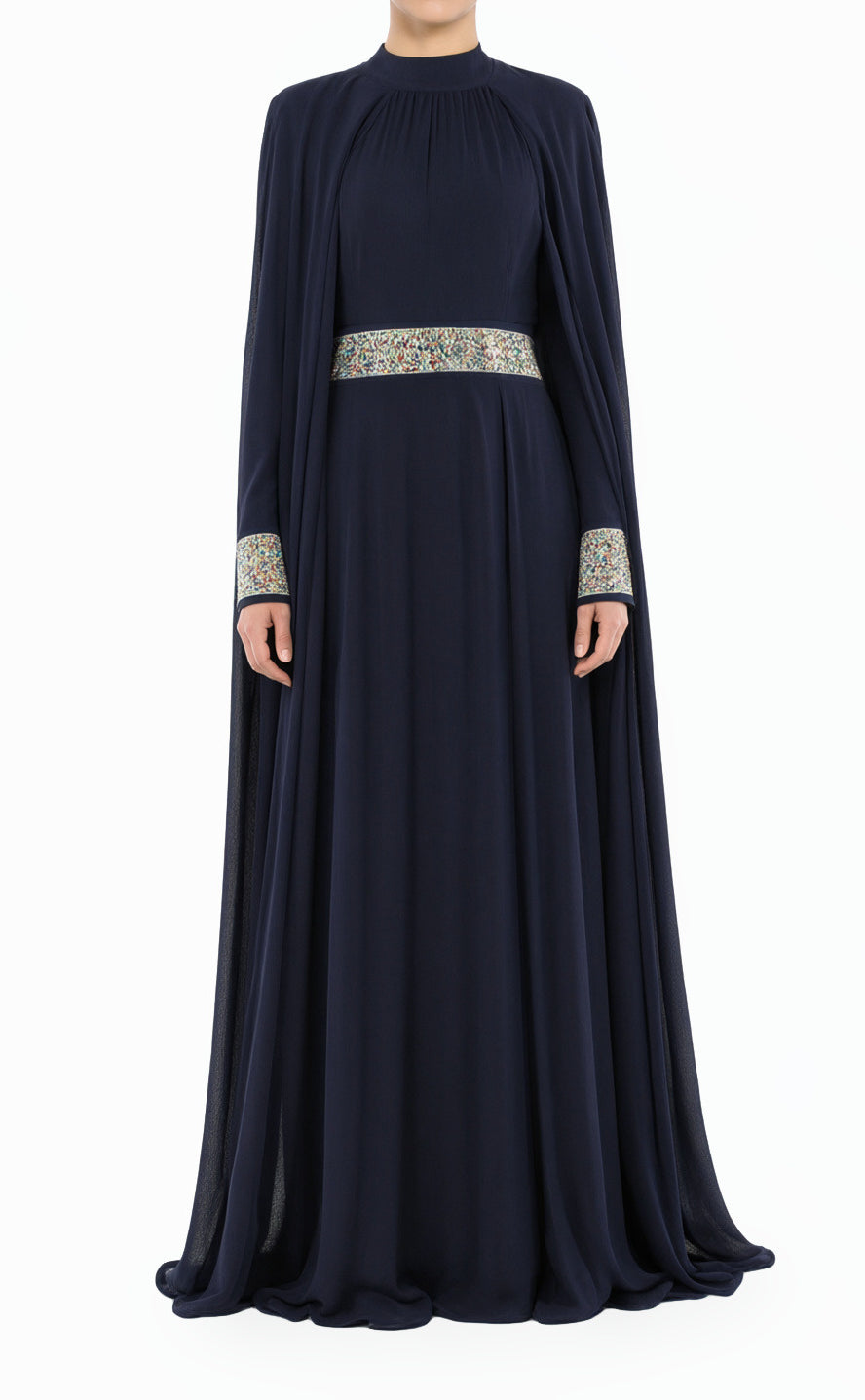 Navy Boqorad Crystal Cape Modest Gown