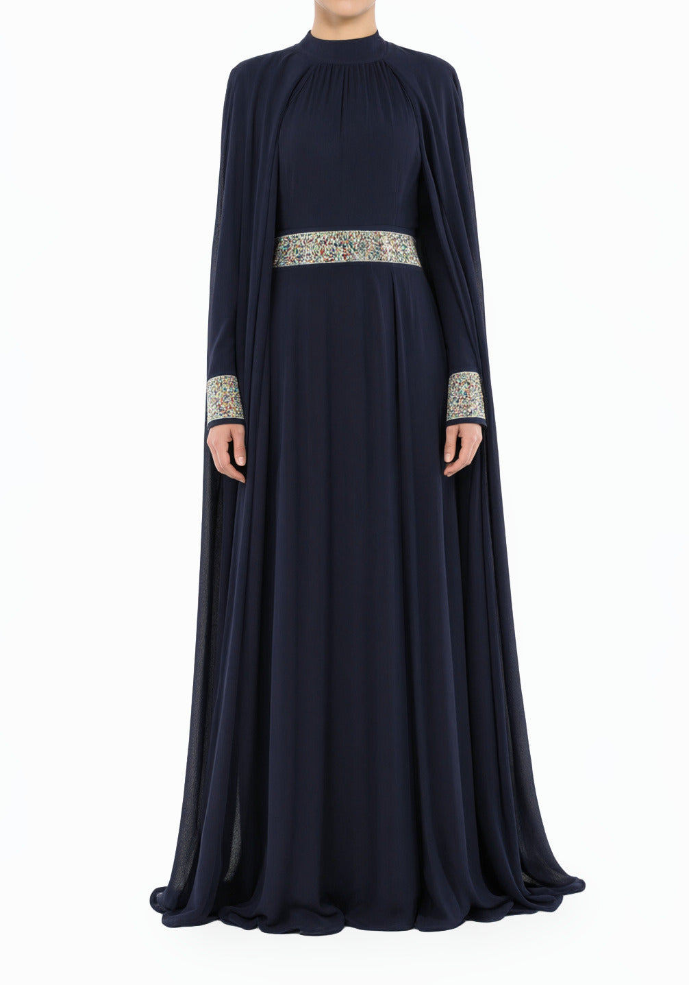 Navy Boqorad Crystal Cape Modest Gown