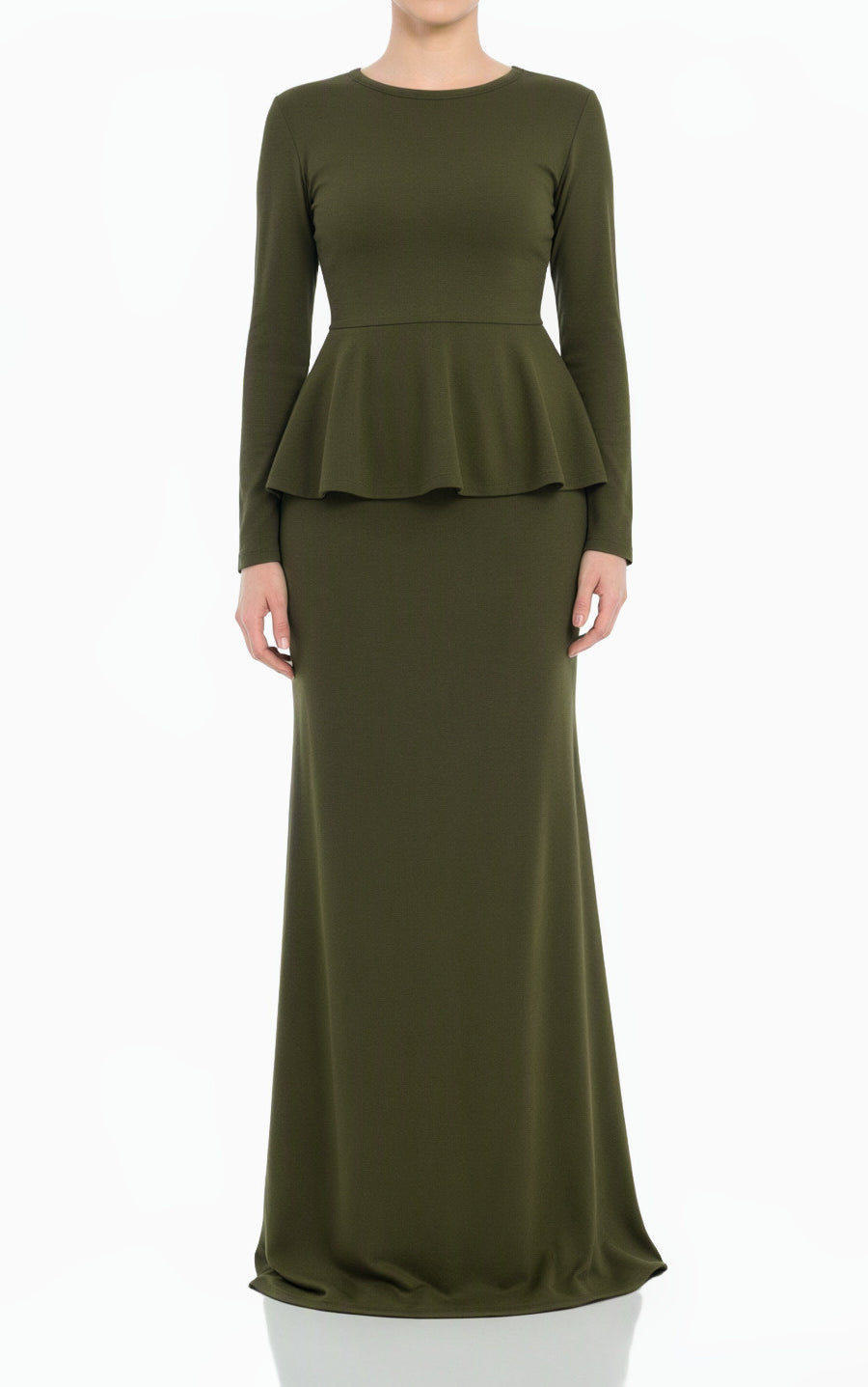Olive Classic Long Sleeve Peplum Modest Maxi Dress