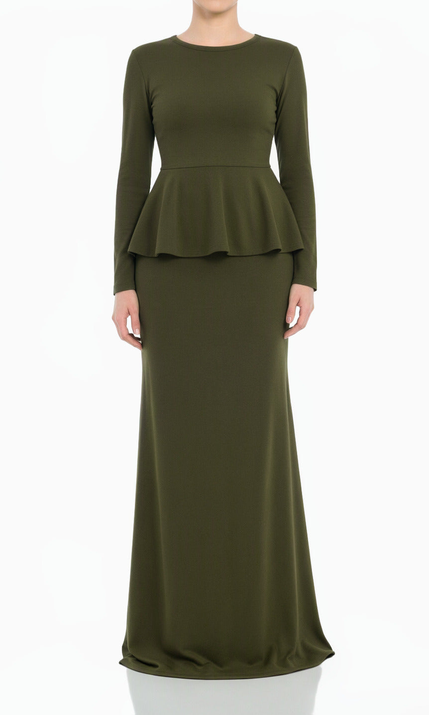 Olive Classic Long Sleeve Peplum Modest Maxi Dress
