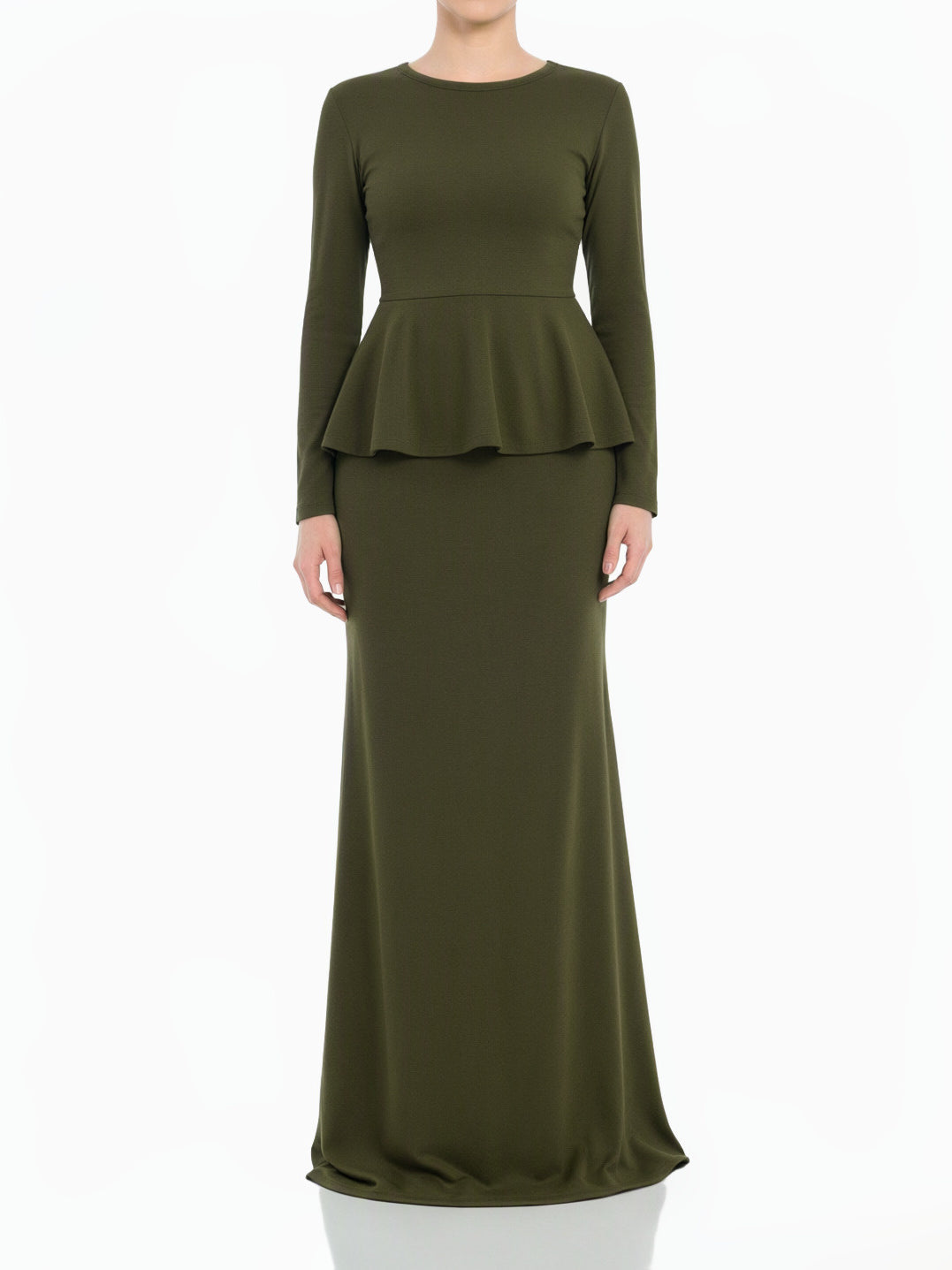 Olive Classic Long Sleeve Peplum Modest Maxi Dress