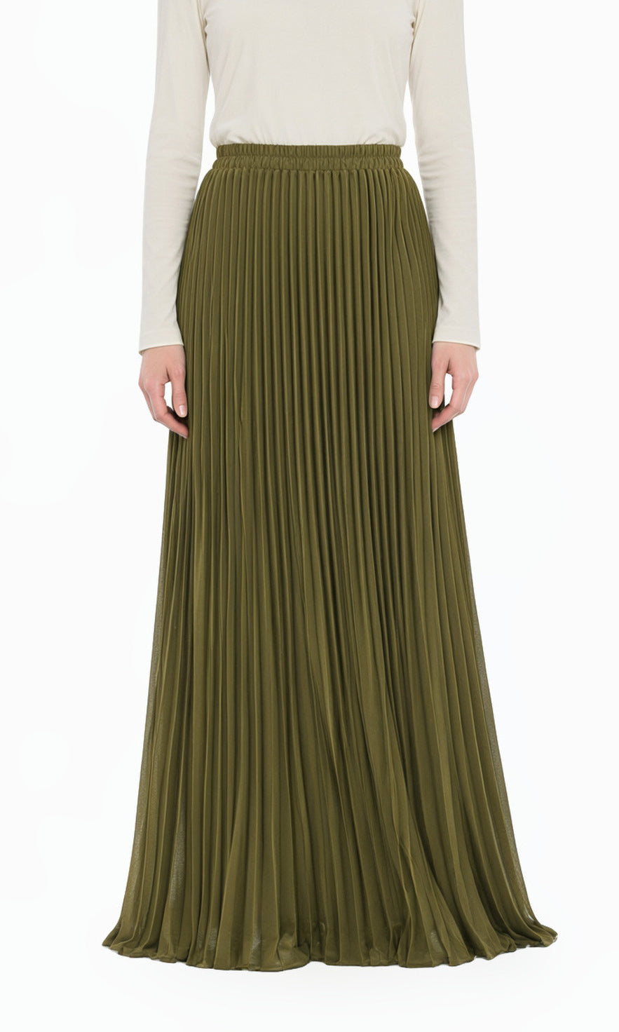 Olive Pleated Modest Maxi Skirt