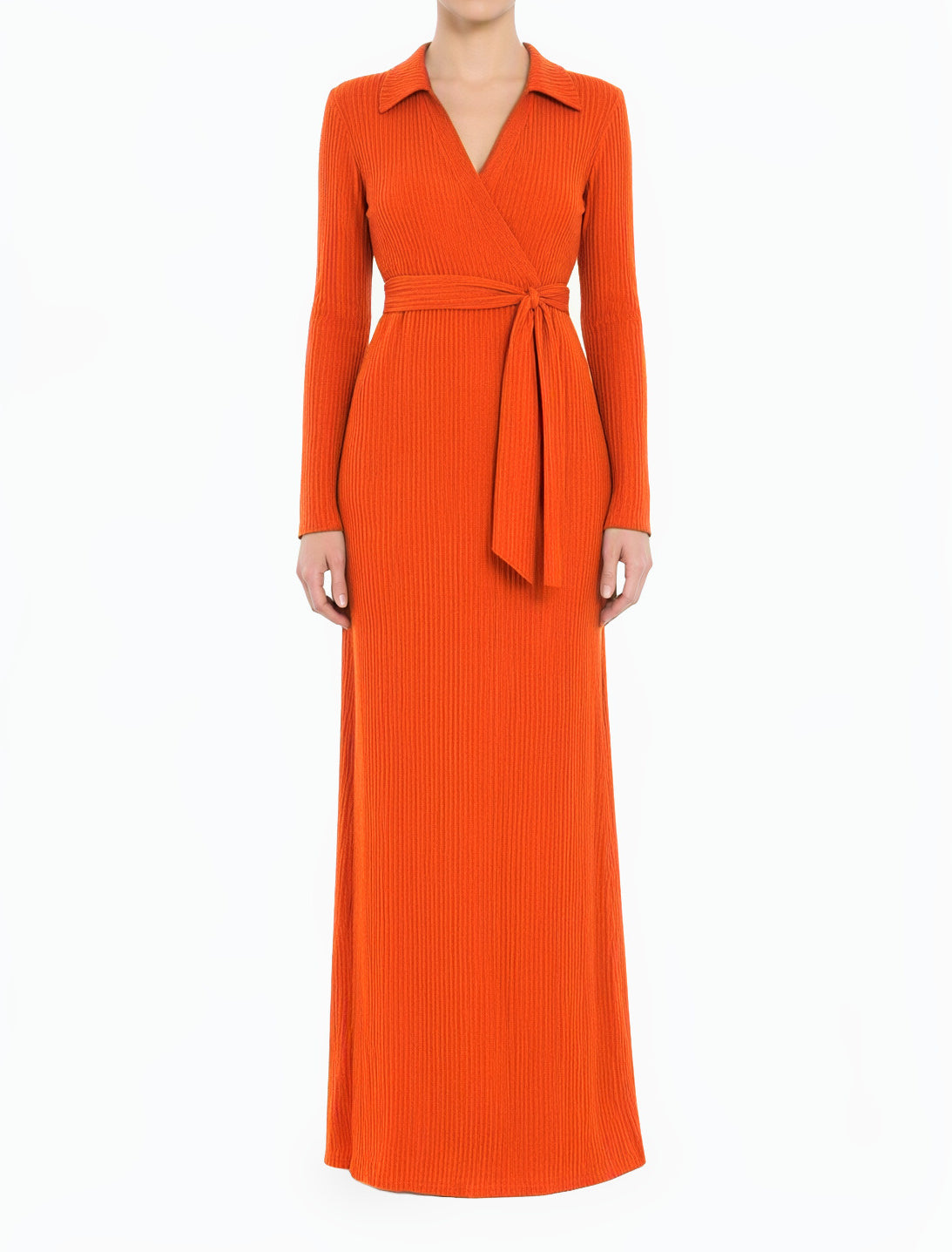 orange V-Neck Ribbed Sweater Modest Dress