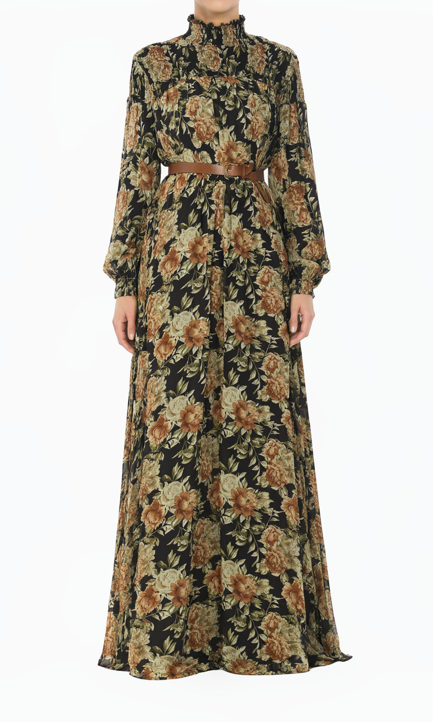 Pretty Floral Umbrella Chiffon Modest Maxi Dress