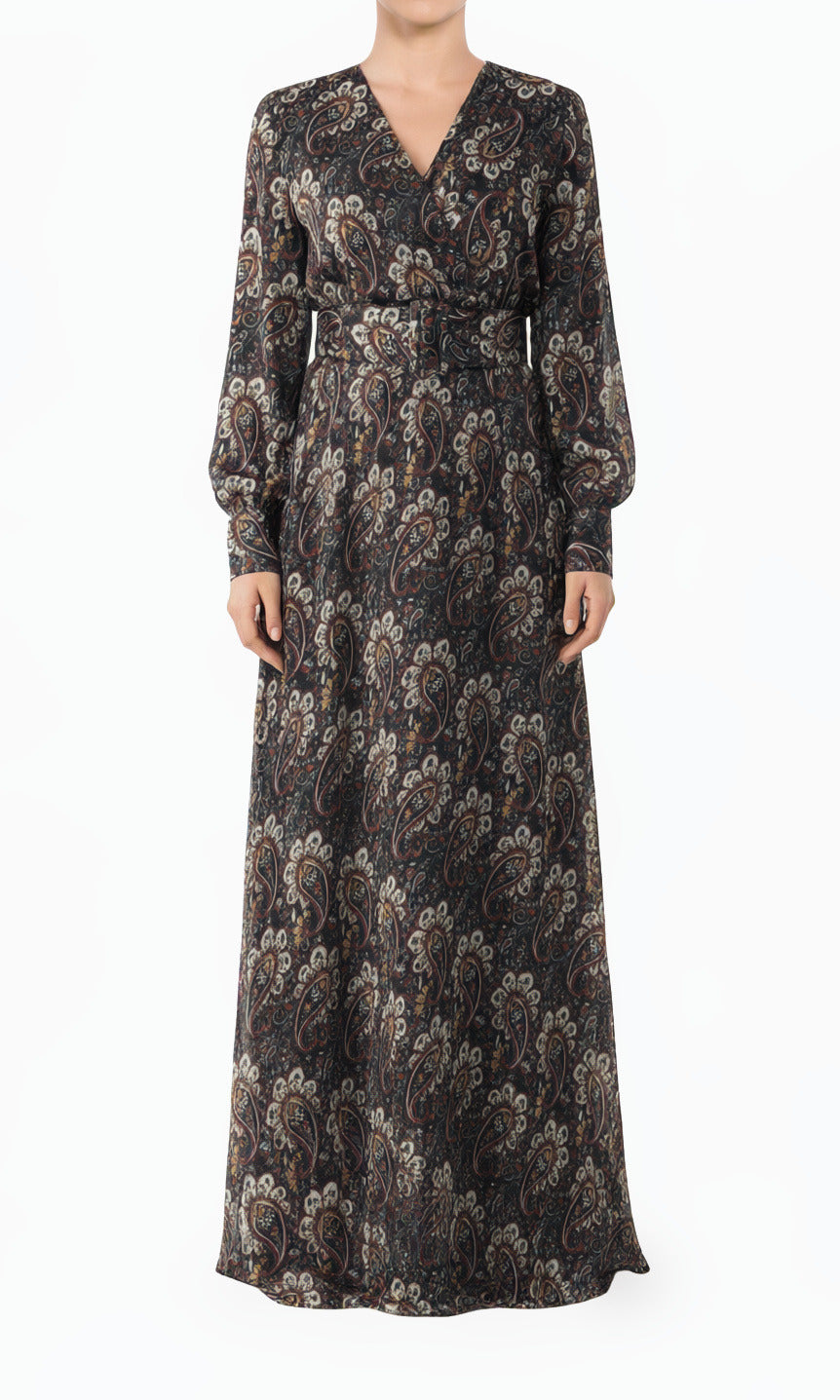 Black Pretty Paisley V-Neck Chiffon Shimmer Modest Maxi Dress